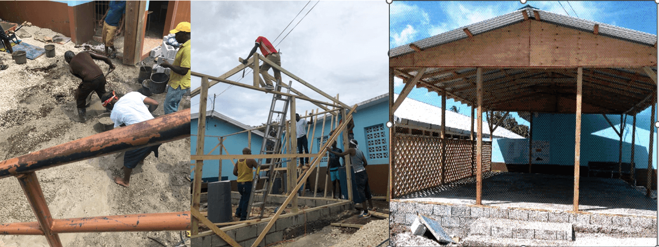Parolees constructing a gazebo-style classroom at Breadnut Hill Primary School